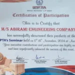Abirami Engineering at IPPTA Seminar 2024 – Certificate of Participation Abirami Engineering Company participation certificate at IPPTA Seminar 2024
