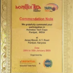 Hometex Tech Expo Panipat 2025 Commendation certificate for participation in Hometex Tech Expo Panipat 2025